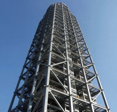A wide-angle professional photograph of a massive structural steel skeleton of a new North American skyscraper under a clear blue sky. The steel beams are painted in a protective grey coating, reflecting strength and industrial leadership.
