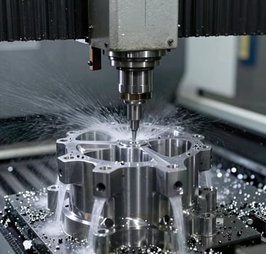 An advanced CNC machining center in operation, carving a complex alloy component with extreme precision. Coolant spray and metal shavings are visible in a crisp, sharp-focus action shot. Professional North American industrial setting.