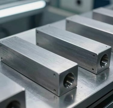Detailed shot of finished steel alloy components on a inspection table. The metallic surfaces are smooth and light gray, lit by bright industrial overhead lights. A professional, high-precision manufacturing environment.