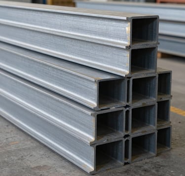 A geometric composition of stacked structural steel beams in a clean, modern North American warehouse. The lighting is soft and natural, emphasizing the silver and cool gray metallic textures.
