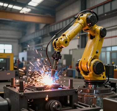 Inside a modern North American metal foundry, a focused industrial scene showing a large robotic arm performing high-precision steel welding with bright orange sparks, creating a forward-thinking mood.