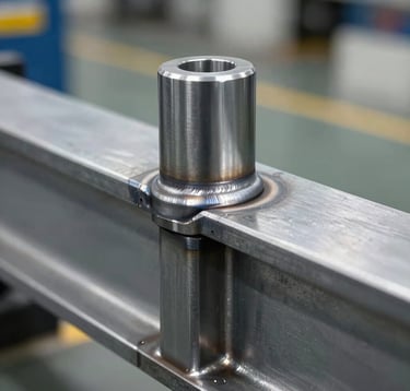 A high-detail macro photograph of a precision-welded joint on a structural steel beam. The metal has a cool silver and industrial grey sheen. The setting is a clean, organized North American manufacturing facility with professional lighting.
