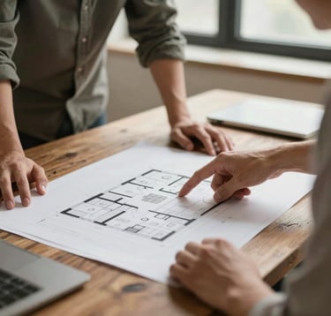 A candid, close-up shot of an architect technician's hands and a client pointing at a detailed floor plan on a rustic table. The scene is illuminated by soft, warm window light, featuring earthy tones of #8D6B5F and #B85C3D in the surroundings. Professional yet deeply personal vibe.