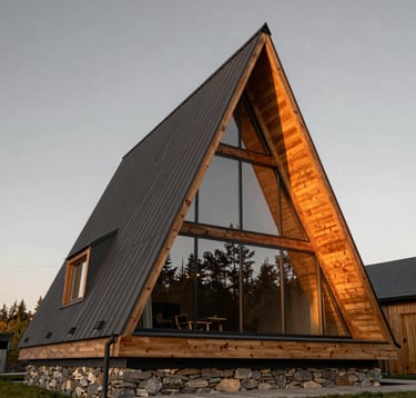 Low angle shot of a modern A-frame chalet during the golden hour. The wood glows warmly under the stone grey sky, with glass panels reflecting the surrounding forest trees.