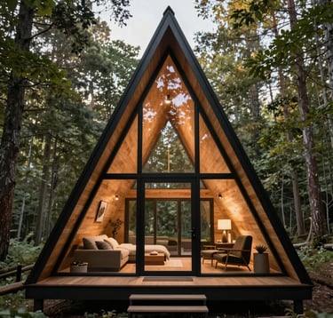 Architectural photography of a compact 'Mini Chalé' in charcoal black metal and glass. Minimalist aesthetic, set in a lush forest clearing during a soft morning fog. Premium and functional feel.