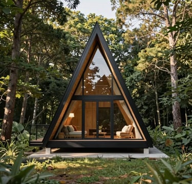 A professionally staged photo of an architectural model and floor plans of an A-frame chalet on a wooden desk, with a blurry forest view through the window in the background.