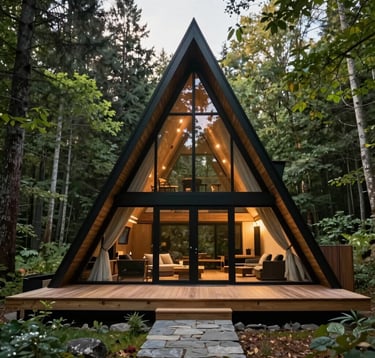 Exterior shot of a modern A-frame chalet in a forest setting. The house features black metal structural beams and extensive glass. A warm stone path leads to a wooden deck. The lighting is soft morning light with natural deep forest green foliage surrounding the structure.