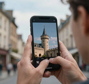 A close-up of a person in a European / French historic district using a smartphone to interact with an augmented reality interface showing a reconstruction of a medieval tower, daylight, soft sky blue and pearl palette.