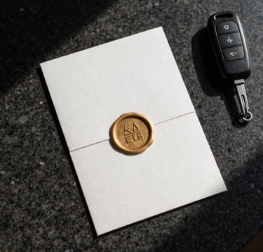 A top-down, minimalist shot of an invitation card with a muted gold wax seal resting on a dark, polished stone surface next to high-end car keys. The lighting is sophisticated, casting sharp shadows that suggest prestige and selective access.