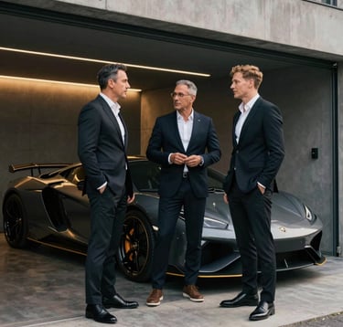 Three elite men in dark tailored apparel standing in a dimly lit, modern private garage next to a high-end European sports car. Muted gold lighting accents the architectural lines of the space. They are engaged in a serious conversation, embodying the brotherhood and power of the community.