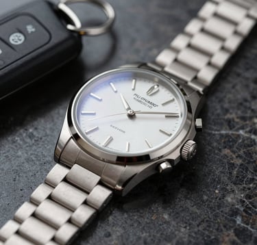 A detailed close-up of a modern watch and a high-end car key resting on a dark marble surface. The metallic elements of the watch are misty platinum silver, and the setting is one of sophisticated dominance and understated power.