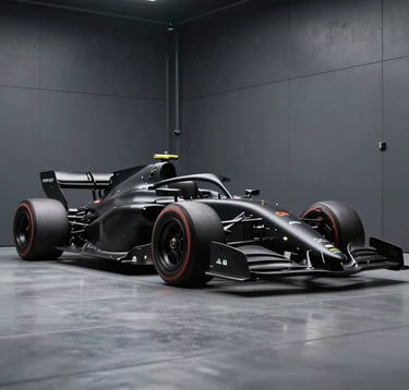 A powerful low-angle photograph of a sleek racing machine in obsidian black. The vehicle is positioned in a professional garage with industrial charcoal grey walls. Cinematic lighting highlights the precision of the bodywork.