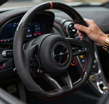 A close-up macro shot of a carbon fiber steering wheel inside a luxury hypercar. A driver's wrist is visible wearing a high-end metallic gold watch. The lighting is low-key, highlighting the precision textures of the interior.