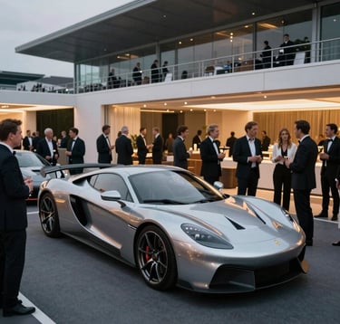 A wide shot of an exclusive evening event at a racetrack. Elegant, ambitous people are gathered around a sleek, misty platinum silver car. Soft golden lighting from the lounge area spills onto the charcoal grey pavement, creating a sophisticated and powerful atmosphere.