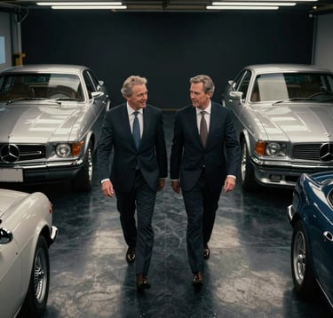 A top-down shot of two successful individuals in sharp, dark tailored suits walking through a dimly lit private garage containing several high-end classic and modern cars. The floor is polished deep obsidian black, reflecting the muted platinum silver overhead lights.