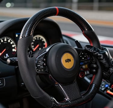 A close-up, sharp-focus shot of a driver's hand in a black leather racing glove gripping a carbon-fiber steering wheel. The background shows the high-speed blur of a track at night. The image is dominated by deep black and slate grey with soft off-white instrument lights.