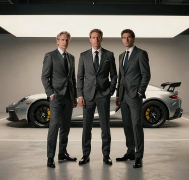 Three distinguished businessmen in sharp charcoal grey suits stand together in a minimalist, dimly lit private garage. In the background, the sleek silhouette of a silver exotic car is visible under soft off-white spotlighting.