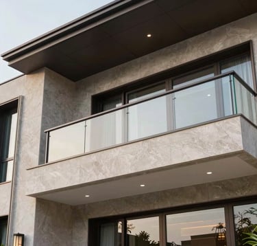 A close-up of high-end modern villa architecture in Hoai Tan, featuring luxury stone cladding and large balconies with glass railings. The image exudes prestige and success, tailored for Southeast Asian / Vietnamese luxury real estate.