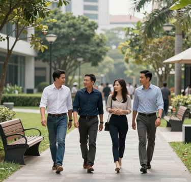 A group of Southeast Asian / Vietnamese neighbors walking and talking in a modern, well-lit landscaped park with high-end benches and paved paths. The setting conveys a prestigious, safe, and civilized community atmosphere.