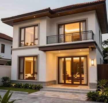 A luxury modern villa with large windows and a balcony, featuring warm gold lighting and professional architecture in a Southeast Asian / Vietnamese setting, surrounded by clean landscaping.