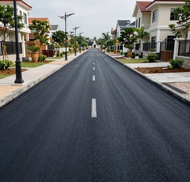 A clean, wide-angle shot of a newly paved asphalt road in a residential project in Southeast Asian / Vietnamese region, with elegant street lamps and organized drainage, representing high-quality infrastructure.