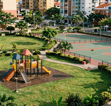 A vibrant community park in a Southeast Asian / Vietnamese residential area, featuring a high-quality children's playground, multi-purpose sports courts, and manicured green lawns, shot in bright morning sunlight.