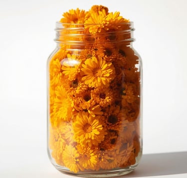 Un bocal remplit de fleurs de calendula