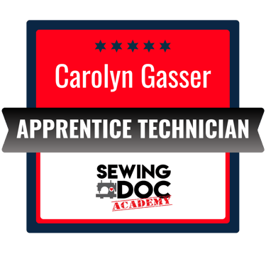 Red and white badge with "Carolyn Gasser, Apprentice Technician, Sewing Doc Academy" on it. 