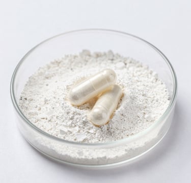 Macro photograph of clear supplement capsules filled with pure white active powder on a sterile white laboratory dish, bright clinical lighting, sharp focus