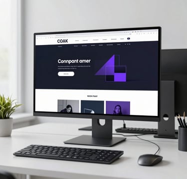 A sleek, modern desk setup in a bright North American office. A high-resolution monitor displays a minimalist, dark-themed website layout with purple highlights. The composition is clean, airy, and professional.
