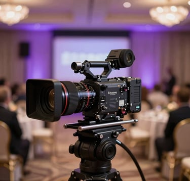 Professional photography of a cinematic camera setup at a corporate event in a luxury North American hotel ballroom. Shallow depth of field, with soft purple stage lighting in the background. Authoritative and high-end.