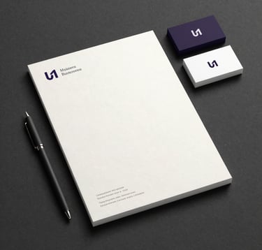 Photography of a high-end business stationery set including a letterhead and thick business cards on a Dark Charcoal textured background. The designs feature minimalist typography in Off-White and a subtle Macroon Purple logo. The composition is clean and symmetrical, shot in a bright US design studio.