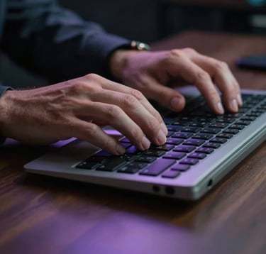A detailed photograph of a North American executive's hands typing on a high-end keyboard. The lighting is dark and dramatic, with a subtle purple glow reflecting off the polished desk surface.