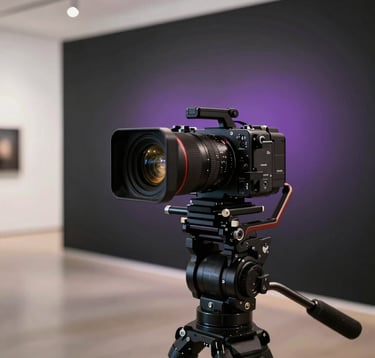 A cinematic shot of a professional camera on a gimbal, capturing a high-end corporate event in a minimalist gallery in the US. The background is a Deep Space Black wall with a subtle Macroon Purple glow, reflecting on the camera lens. The focus is sharp on the equipment, symbolizing technical precision.
