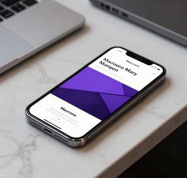 A professional, macro-focused photograph of a sleek smartphone screen displaying a high-contrast web design with Macroon Purple accents. The phone rests on a polished Off-White marble surface in a modern North American executive suite, with soft, directional lighting highlighting its clean edges.