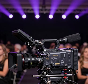 Professional cinematic video camera setup at a prestigious gala in a major North American city, capturing an elegant scene with soft Macroon Purple spotlights against a Deep Space Black background.