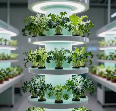 A vertical hydroponic tower system standing tall in a commercial facility, lush fresh herbs and kale sprouting from individual ports, water blue and soft mint lighting details, minimalist futuristic design, global commercial agriculture and hydroponics markets.