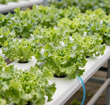 A medium shot of an NFT channel hydroponic system carrying rows of healthy butterhead lettuce. Brilliant white channels contrasted with rich green leaves. Subtle glints of ocean blue water tubes. Clear daylight illuminating the commercial setup. Sharp focus, clean and high-efficiency vibe. Global commercial agriculture and hydroponics markets.