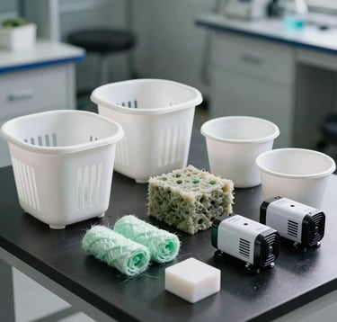 An assortment of high-quality hydroponic accessories: pristine white planting baskets, cubes of rockwool, green planting cotton, and compact small DC water pumps neatly organized on a clean dark slate table, modern laboratory style, bright focused light, professional presentation.