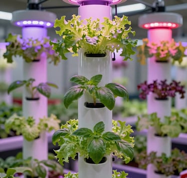 A close-up shot of commercial vertical water hydroponic towers in a highly organized indoor agricultural setup. Robust leafy greens and basil leaves growing out of white tower pockets under modern purple and red tint LED grow lights. Clean, automated, reliable commercial horticulture.