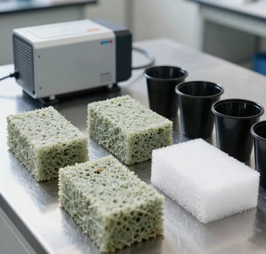 Still life professional photograph of horticultural rockwool cubes, black plastic net cups, and white foam planting sponges arranged neatly on a clean laboratory metal table. In the background, a compact, high-performance DC water pump. Sharp, commercial catalog style. Natural, bright lighting. Colors: pale sage green, dark charcoal, steel gray, and soft white.