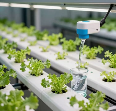 A close-up shot of an advanced NFT hydroponic system, with healthy leafy greens growing in clean white PVC channels, clear nutrient-rich water flowing, high-tech design in a commercial facility, professional agricultural lighting, forest green and water blue accents, commercial agriculture and hydroponics markets.