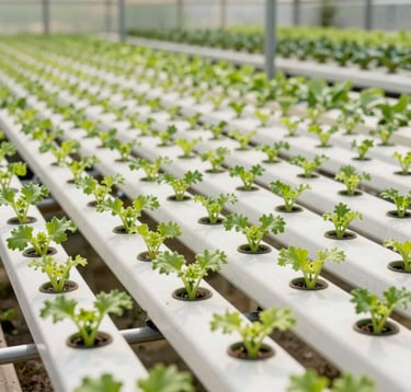 A professional greenhouse interior showing long rows of clean horizontal NFT hydroponic piping. Young crisp green plants are neatly spaced in white PVC channels, showcasing an organized, highly efficient agricultural system. Soft natural sunlight illuminates the setup.