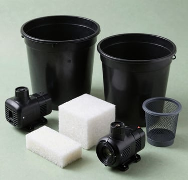 A clean commercial product photography of high-quality hydroponic accessories: sturdy black plastic Dutch buckets, compact black DC water pumps, cubic white rockwool blocks, cylindrical plant starter sponges, and plastic mesh net pots. Neatly organized on a minimalist tech-green surface.