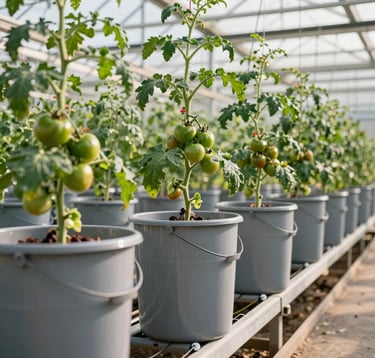 Commercial grade Dutch Buckets arranged in a row inside a bright modern greenhouse, growing healthy tomato vines climbing upward, pristine clean grey buckets connected by drain pipes, professional irrigation lines visible, warm natural sunlight, global commercial agriculture and hydroponics markets.