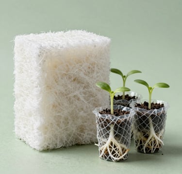 A macro photograph of pristine mineral rock wool growing blocks and net pots containing germinated seedlings with strong white roots visible. Clean background with muted sage green accents. Professional, precise, commercial-grade agricultural supplies. Global commercial agriculture and hydroponics markets.
