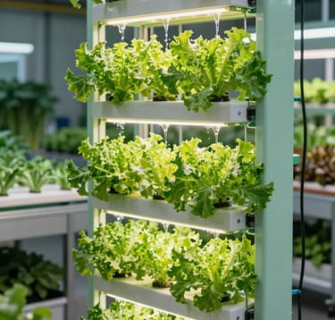 A clean, detailed photograph of sleek vertical hydroponic tower systems filled with vibrant green lettuce and herbs inside an industrial facility. Sharp focus on the water trickling mechanism and the plants glowing under precision lighting. Background features light mint green and deep forest shadow colors. Professional, high-reliability commercial farming equipment. Global commercial agriculture and hydroponics markets.