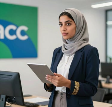 Professional photography of a young Moroccan female entrepreneur presenting her ideas in a bright office space, holding a tablet, North African / Moroccan business attire, green and blue brand accents in the background.