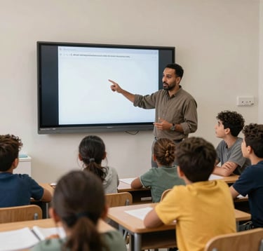 A documentary-style photograph of an interactive educational session in Morocco where a mentor is using a digital screen to teach children, with students looking engaged and enthusiastic in a modern classroom.