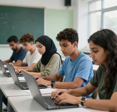 A professional photography of a group of North African youth in a modern classroom, participating in a vocational training session. They are using laptops and collaborating intensely. The lighting is bright and clear, emphasizing a professional educational setting with green and blue accents.